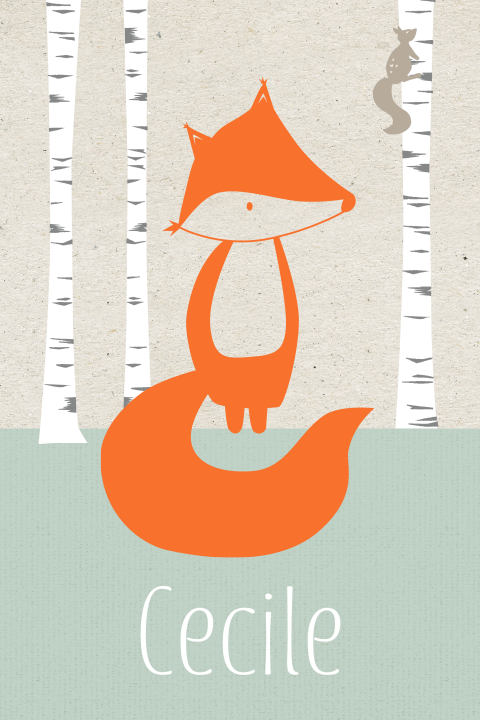 Stoer geboortekaartje voor meisje met vosje in het bos op kraftlook