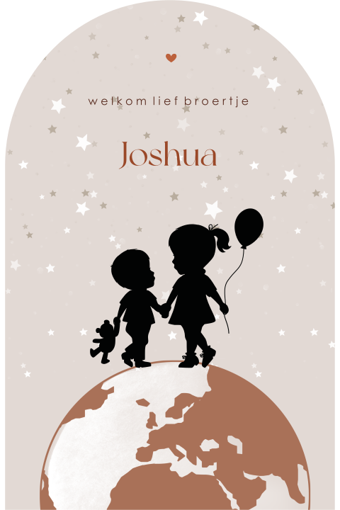 Geboortekaartje in arch vorm met silhouet van broertje en zus op wereldbol