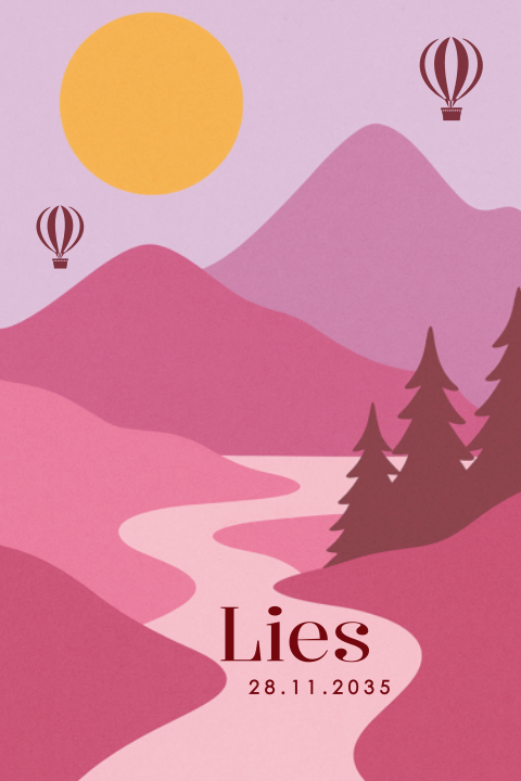 Geboortekaartje voor meisje met bergen en luchtballonnen