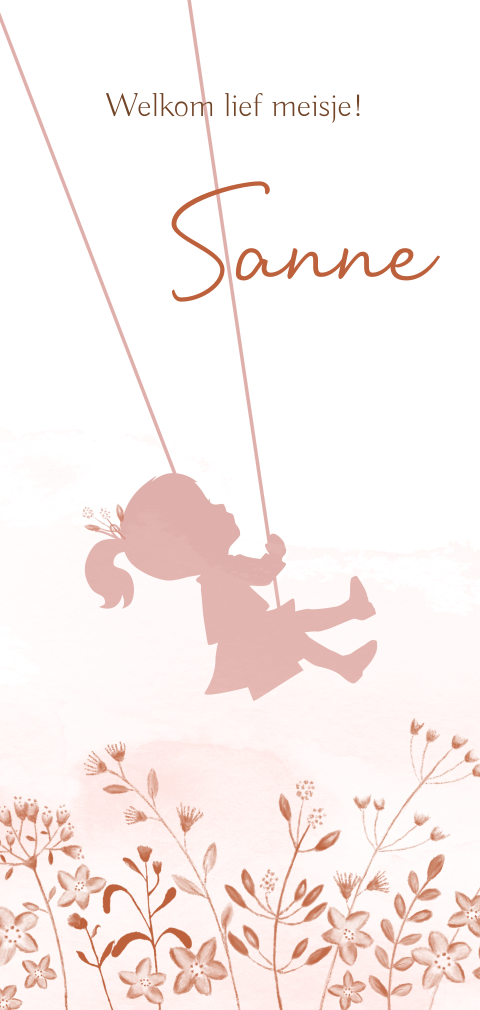 Schattig geboortekaartje meisje op schommel en bloemen