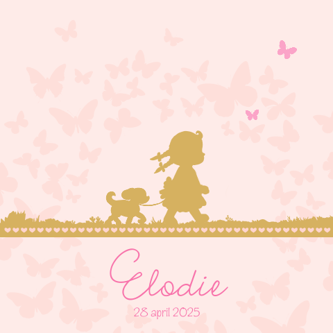 Lief geboortekaartje met silhouet meisje en hondje in okergeel