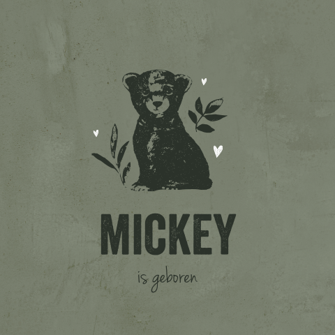 Stoer geboortekaartje met beer en groene velvet-look voor een jongen