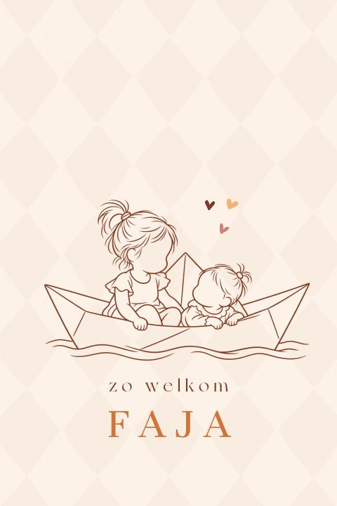 Lief geboortekaartje met twee zusjes die in papieren bootje varen