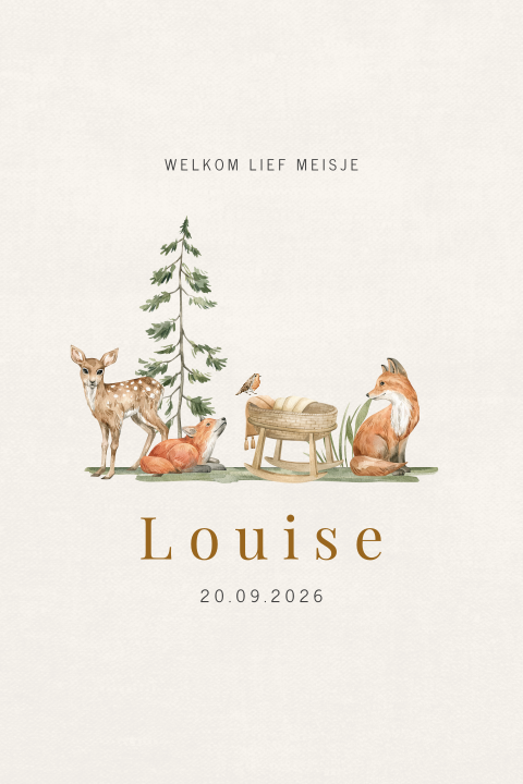 Rondhoek geboortekaartje voor meisje met bosdieren