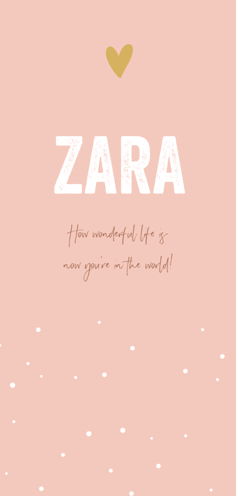 Lief geboortekaartje in roze met hartje en stipjes