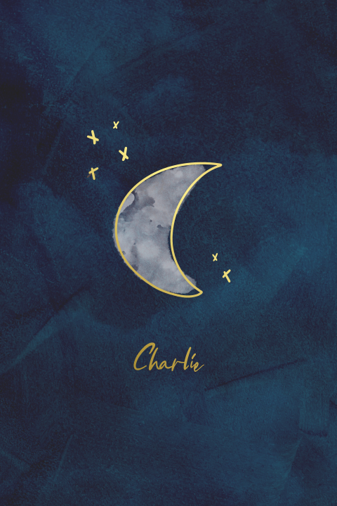 Luxe geboortekaartje met goudfolie, velvet-look, maan en ronde hoeken