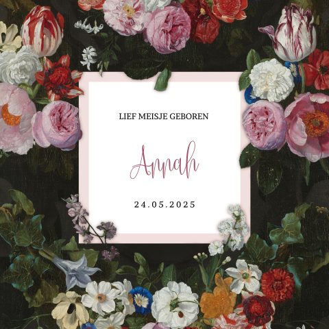 Lief geboortekaartje voor een meisje met bloemen schilderij