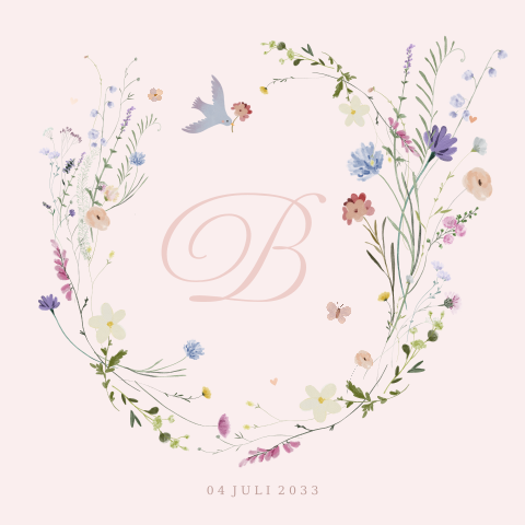 Geboortekaartje meisje met initiaal in bloemenkrans