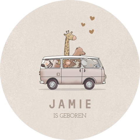 Ronde raamsticker beige met busje en jungledieren