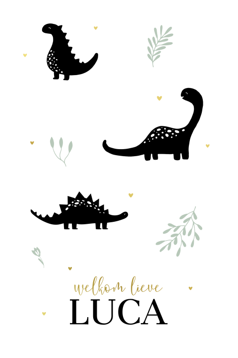 Stoer goudfolie geboortekaartje voor jongen met dino takjes en hartjes