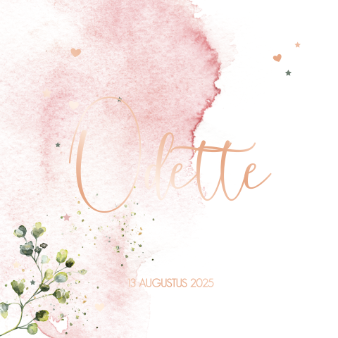 Stijlvol roségoudfolie geboortekaartje meisje met aquarel en takjes