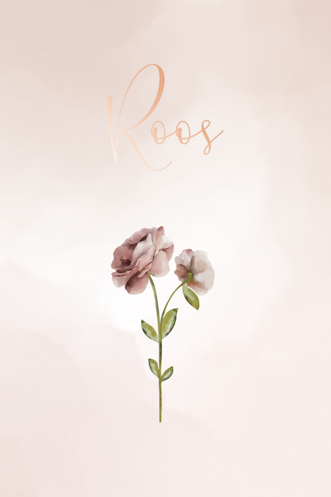 Roségoudfolie geboortekaartje met geboortebloem roos