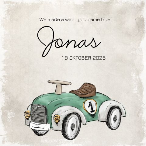 Gaaf geboortekaartje zoon vintage met auto