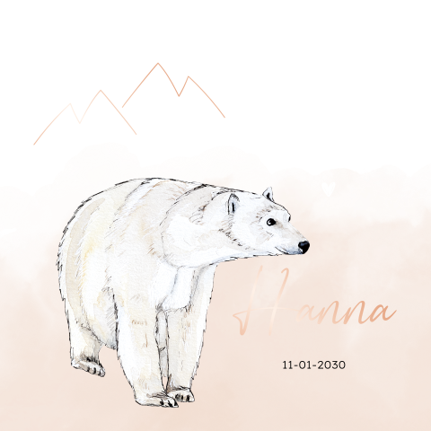 Roze geboortekaartje met ijsbeer en roségoudfolie voor een meisje