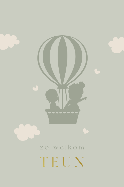 Groen geboortekaartje met luchtballon en silhouet broertje en zus