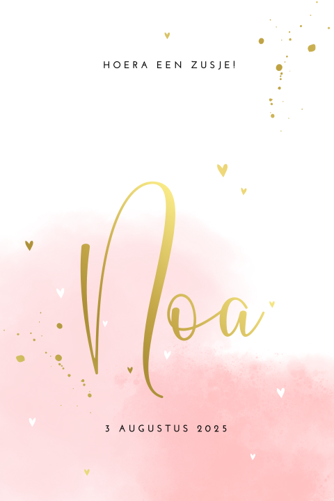 Romantisch goudfolie geboortekaartje voor meisje met roze aquarel
