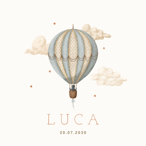 Hoogglans geboortekaartje jongen met luchtballon en silhouetje