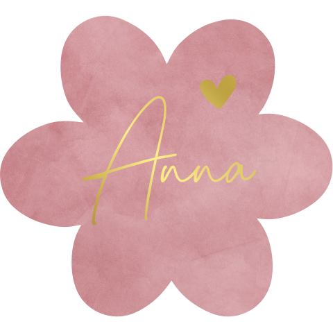 Naamsticker roze in bloemvorm met goudfolie