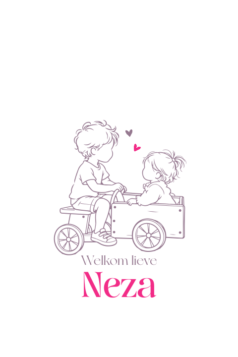 Geboortekaartje lijntekening met broer en zusje in speelgoed bakfiets