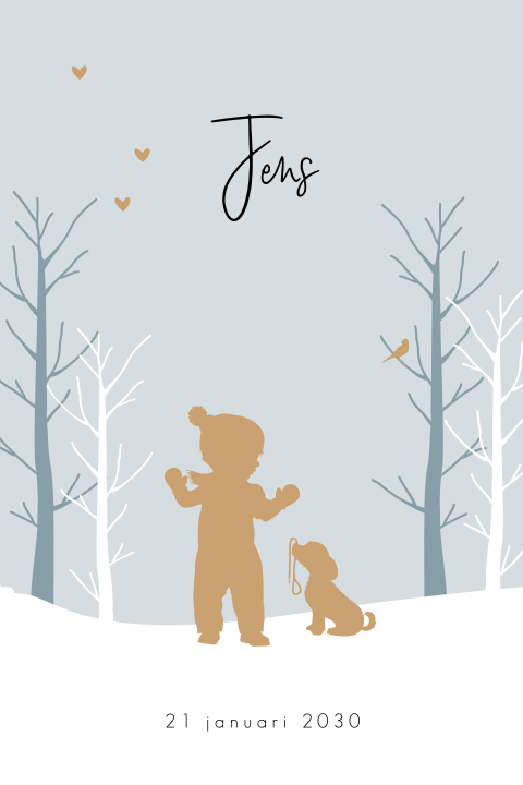 Winter geboortekaartje jongen met hondje in de sneeuw