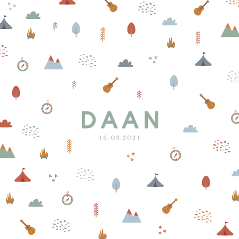 Vrolijk geboortekaartje met avontuurlijke tekeningen