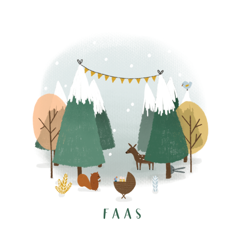 Illustratief geboortekaartje voor jongen met bos dieren bij wiegje