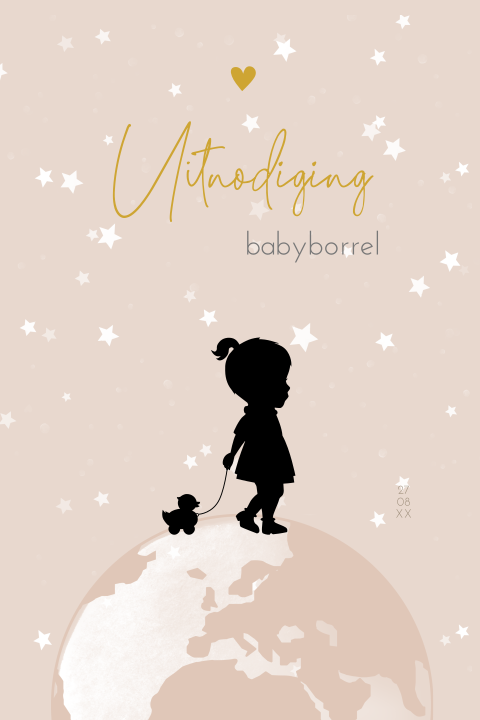 Schattig kraamborrelkaartje met silhouet van meisje op wereldbol