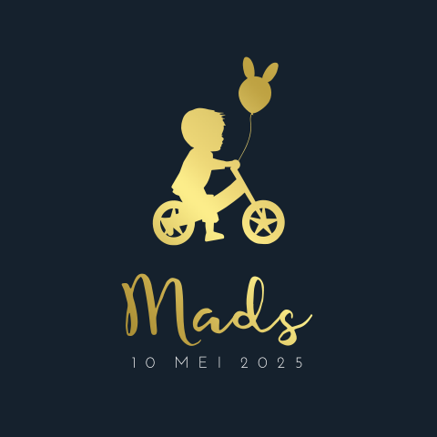 Trendy goudfolie geboortekaartje met loopfiets en ballon