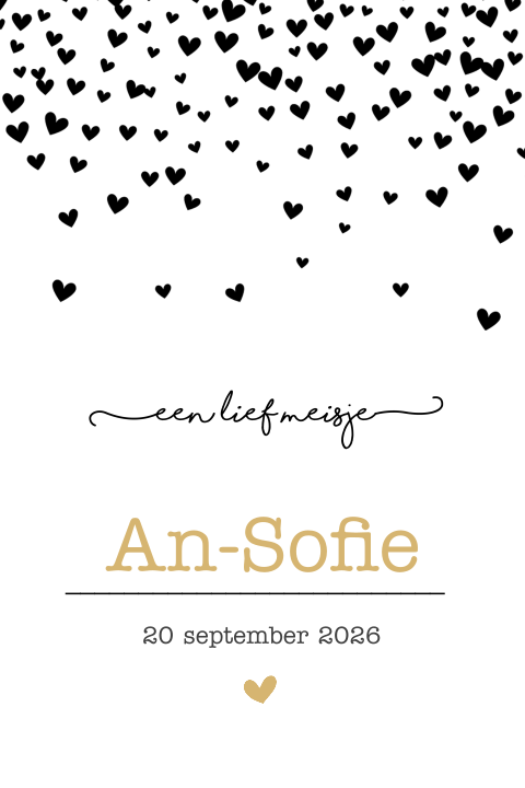 Geboortekaartje dochter zwart wit met hartjes