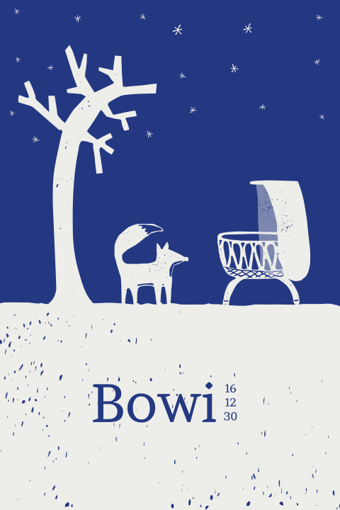 Geboortekaartje winter met wiegje en vosje in sneeuw