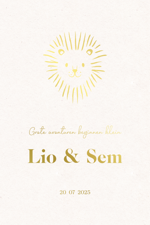 Goudfolie geboortekaartje voor tweeling met leeuwtje