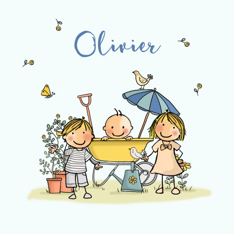Geboortekaartje met tekening van broer, zus en broertje in kruiwagen