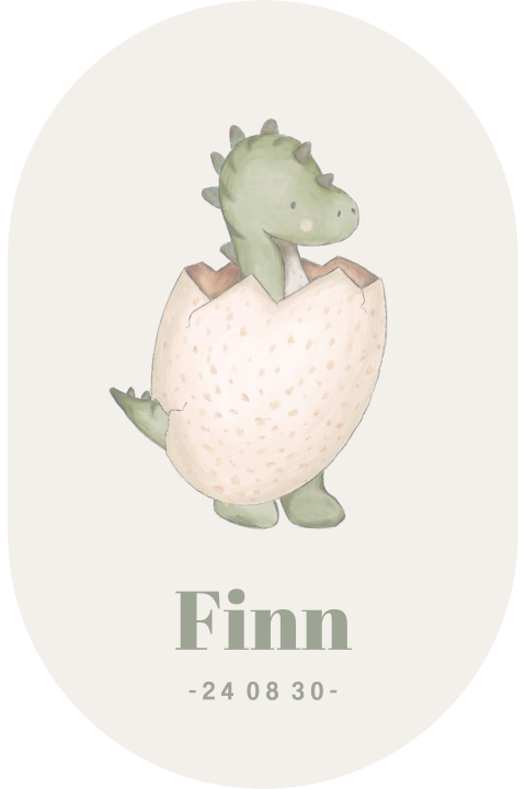 Origineel geboortekaartje met dino uit ei