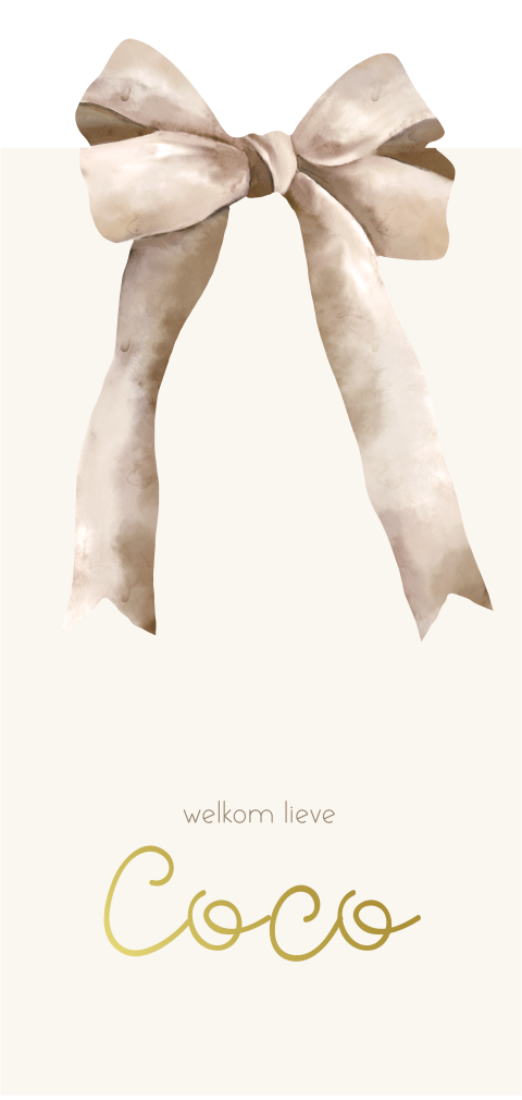 Uniek geboortekaartje met goudfolie en beige strik voor een meisje