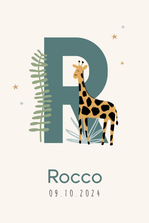 Stoer geboortekaartje met initiaal en giraffe voor een jongen