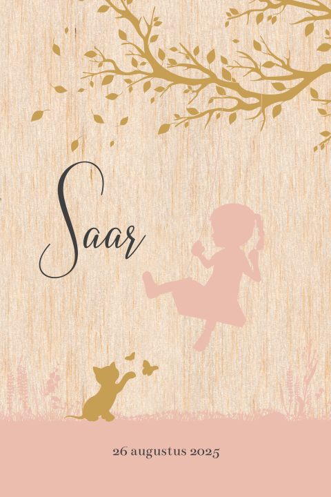 Houten geboortekaart met meisje op een schommel en een kat