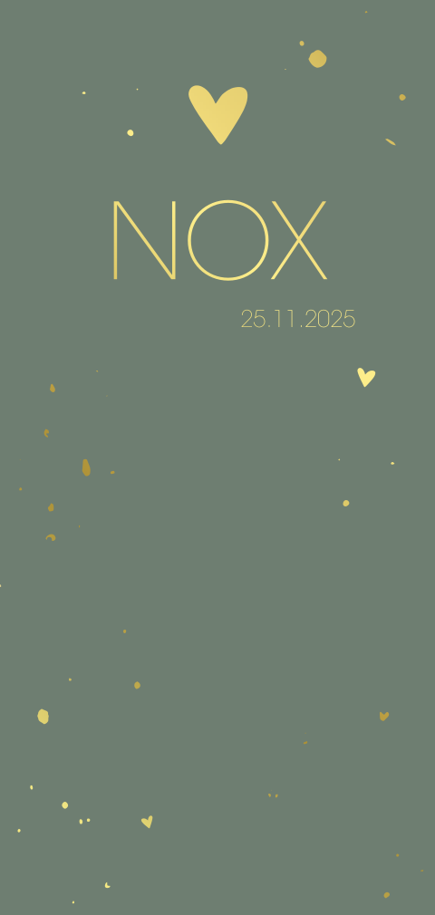 Stoer goudfolie geboortekaartje voor een zoon met hartje en spatten