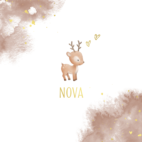 Hip goudfolie geboortekaart voor meisje met hertje en watercolour