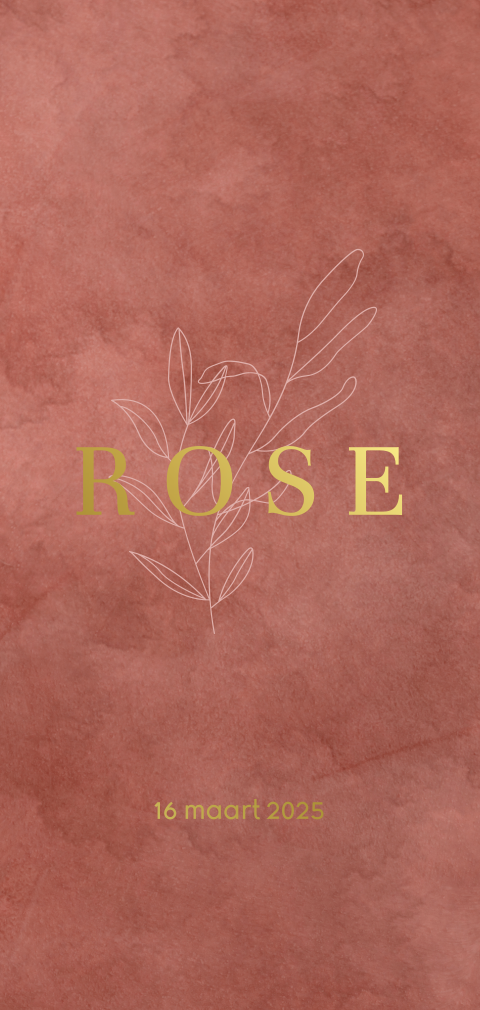 Minimalistisch geboortekaartje met takje en goudfolie op velvet-look