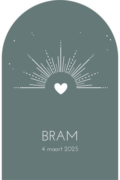 Een origineel geboortekaartje in vorm van een arch met zonnestralen