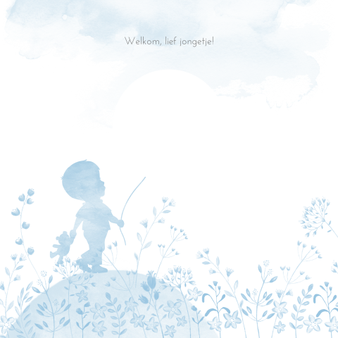 Blauw geboortekaartje doorkijkje met watercolour silhouettje