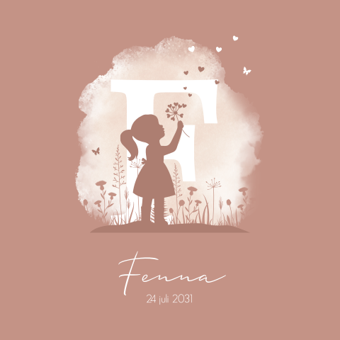 Stoer geboortekaartje met silhouet van meisje, watercolour en initiaal