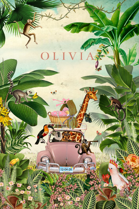 Retro geboortekaartje met jungledieren en auto