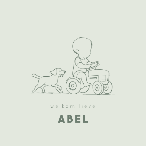 Schattig babykaartje met tractor en hondje in lijntekening op groen
