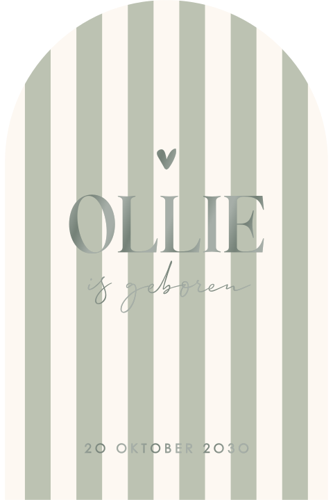 Geboortekaartje in arch vorm met groene strepen en hoogglans