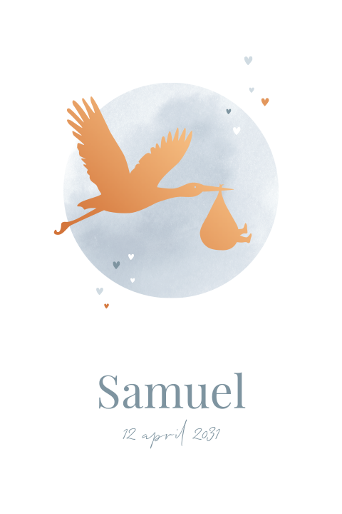 Hip geboortekaartje blauw met hoogglans ooievaar