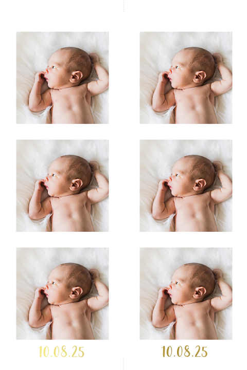 Zelf maken labelkaart met fotostrip en goudfolie geboortedatum