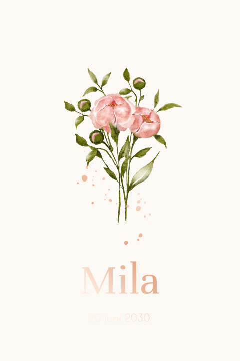 Rosegoudfolie geboortekaartje meisje met watercolour pioenrozen