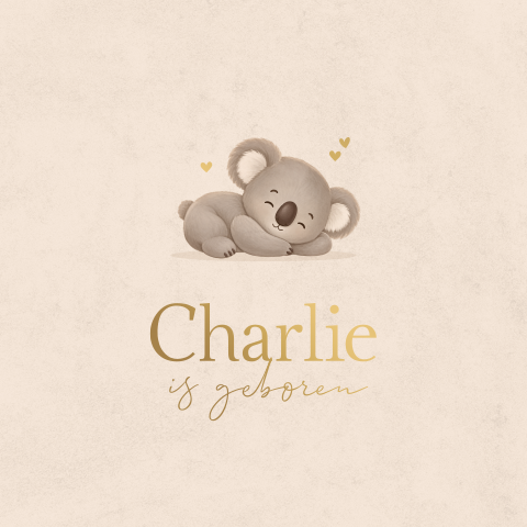 Beige unisex geboortekaartje met lief koalabeertje en hartjes