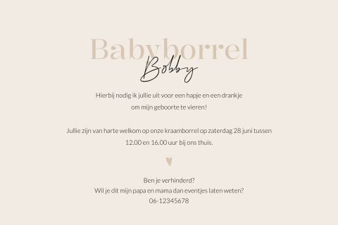 Rondhoek babyborrelkaartje in beige met hartje